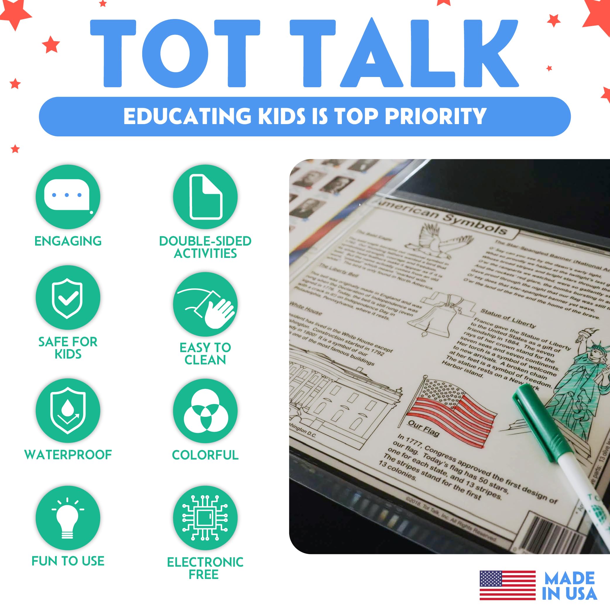 Tot Talk placemat back design presents government branches for extended learning during dinner discussions.