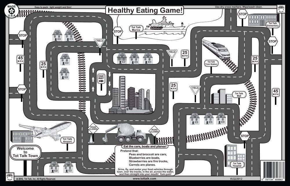 Tot Talk double-sided placemat highlights two learning themes for varied family mealtimes.