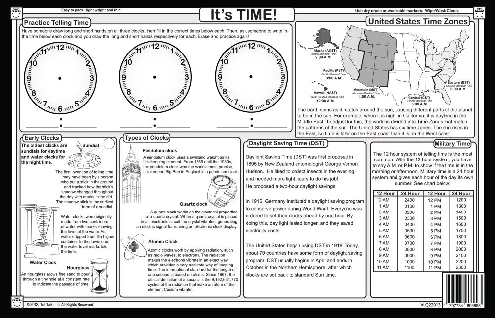 Tot Talk placemat focused on reading analog clocks and time concepts.