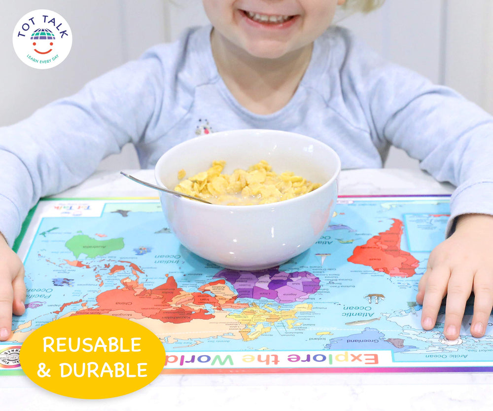 Tot Talk geography placemats on dining table support focused learning and meals