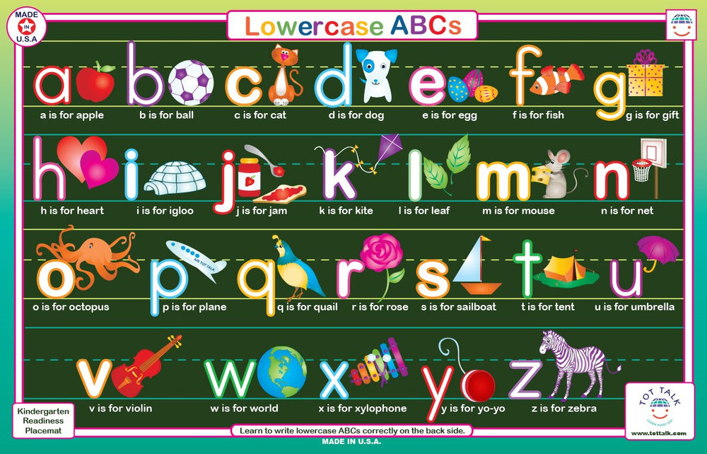 Tot Talk lowercase ABC placemat front view supports mealtime learning and letter recognition