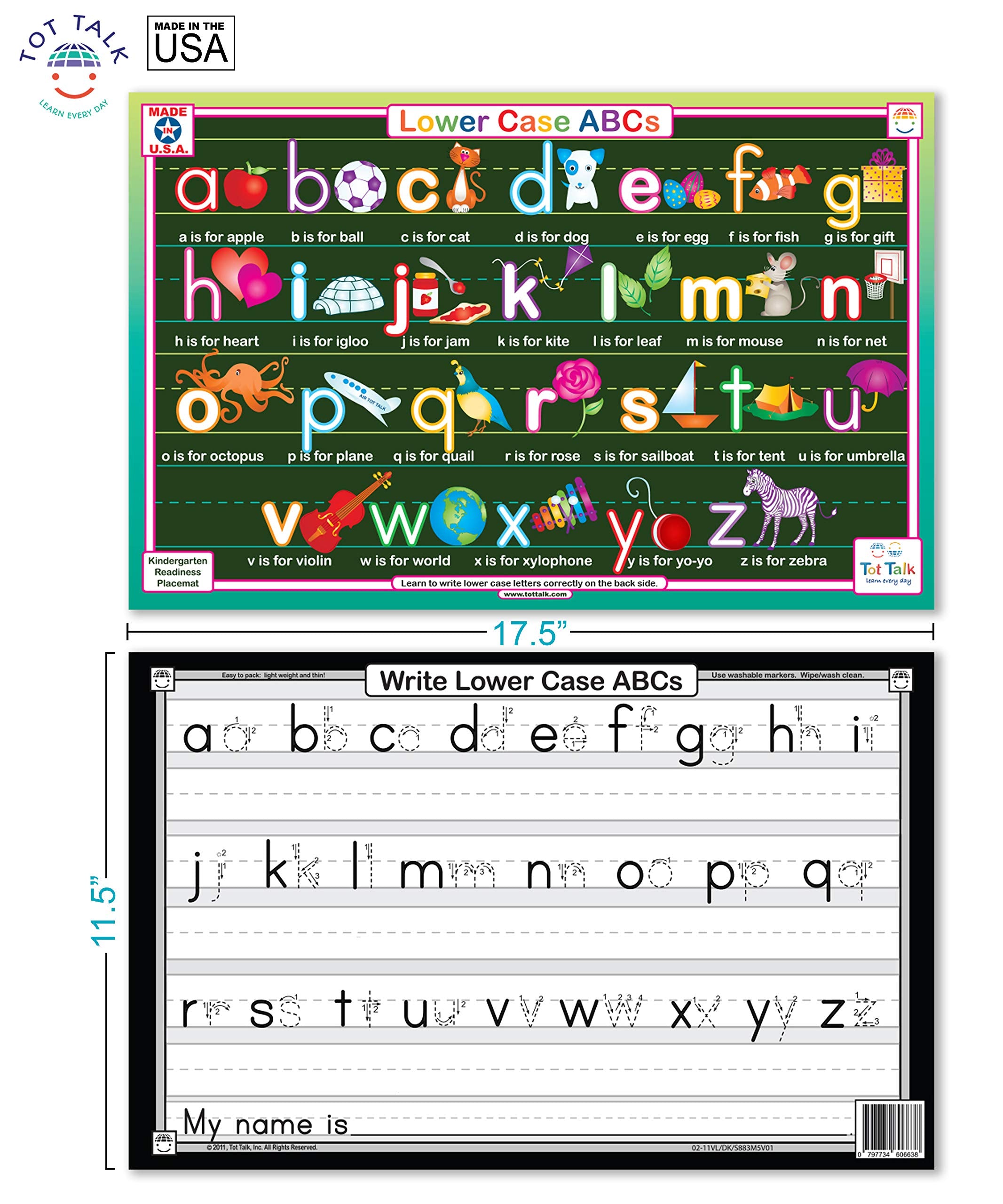 Tot Talk placemats side view highlighting double-sided content for ongoing lessons.
