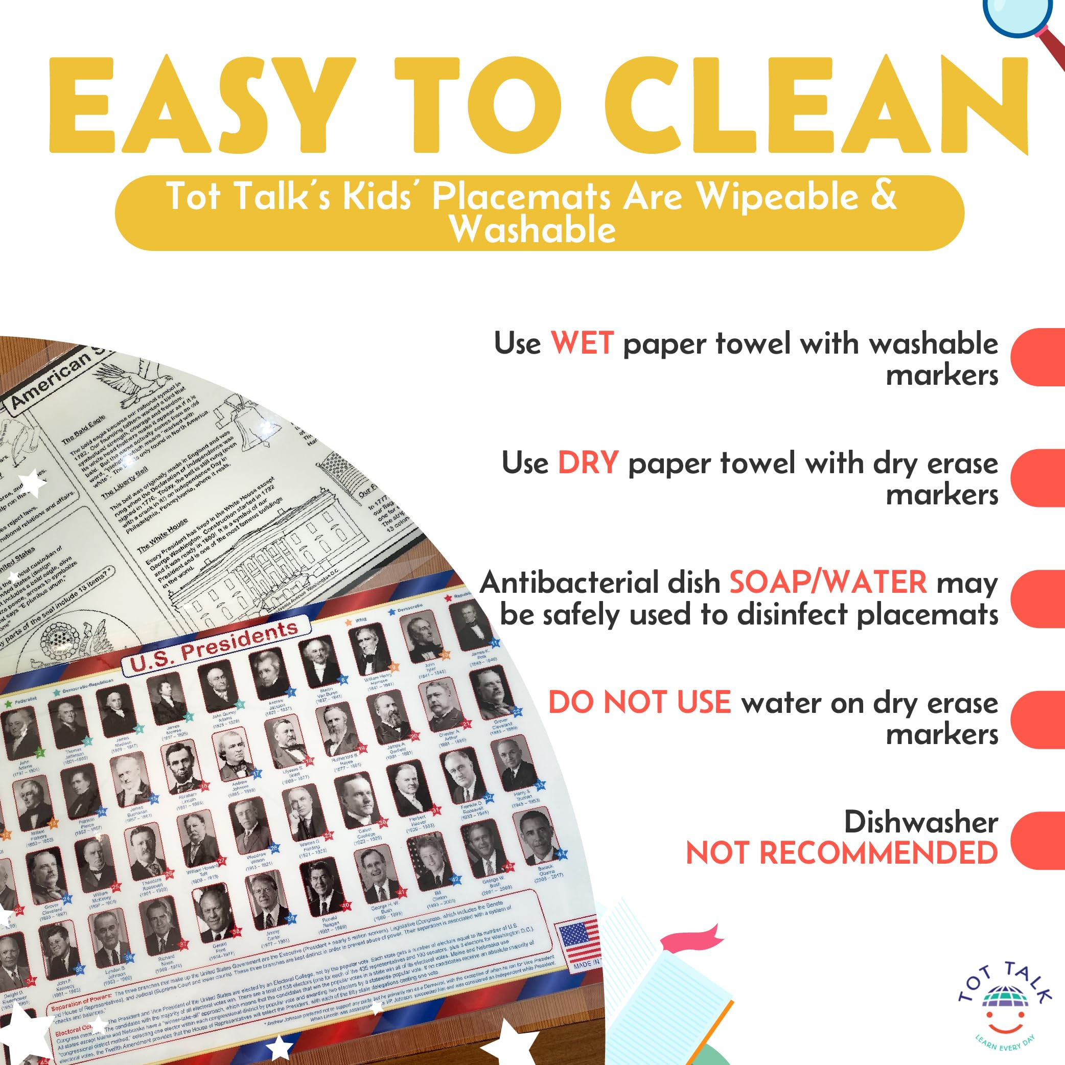Tot Talk placemat made in USA reflects safety standards and quality you can trust.