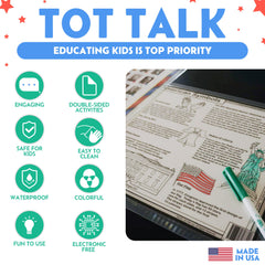 Tot Talk placemat supports on-table learning with double-sided content during dinner conversations.
