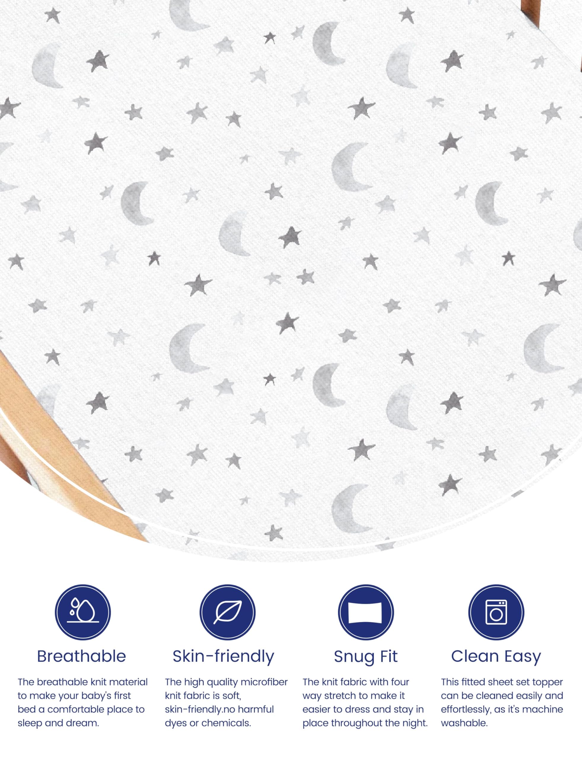 TotAha 2-pack crib sheets packaging demonstrates convenient, durable sheets for busy parents