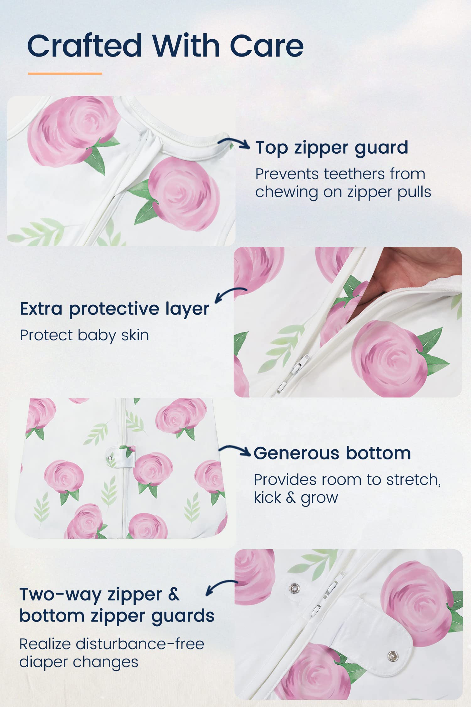 TotAha 2-way zipper guard closeup suggests safe, quick diaper changes.