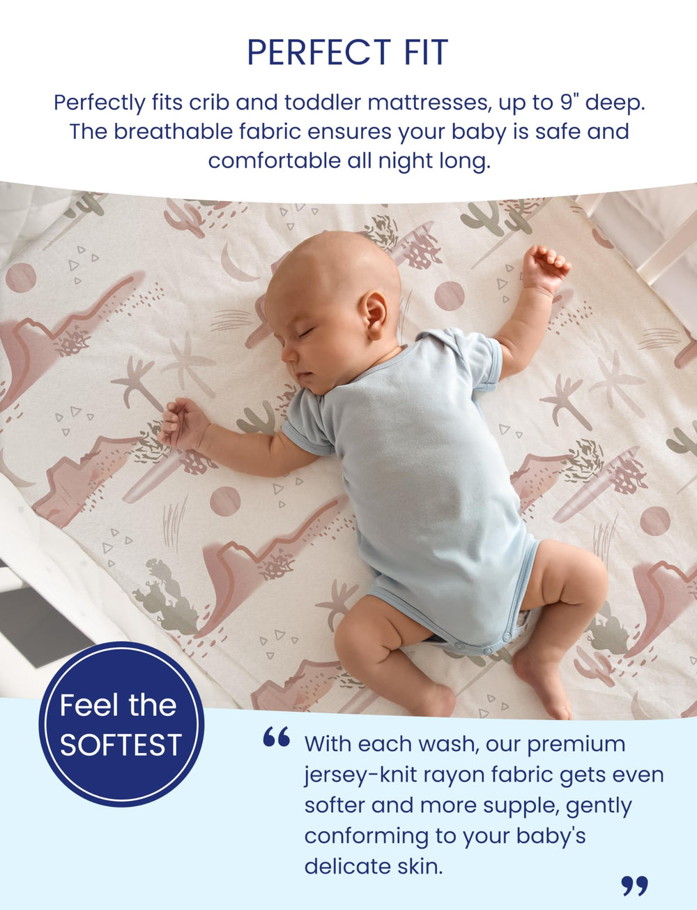 TotAha 9-inch deep pocket crib sheet showing secure fit on standard baby mattress.