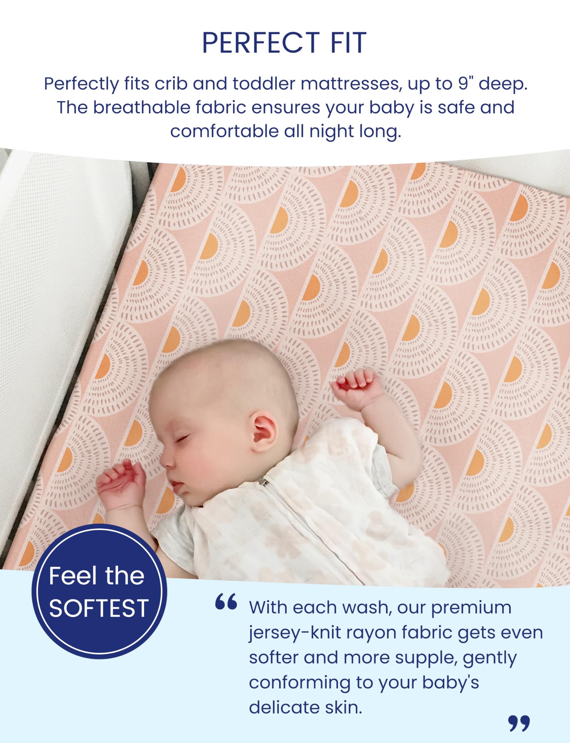 TotAha deep-pocket 9-inch crib sheet; snug fit around mattress edges