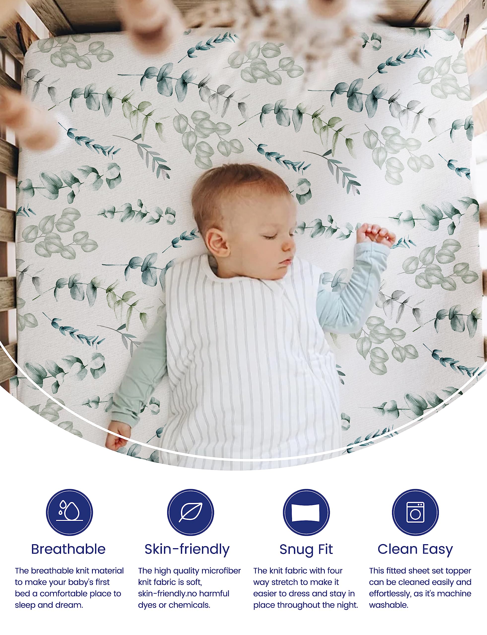 TotAha Botanical crib sheet top view highlights neutral Boho style and fit