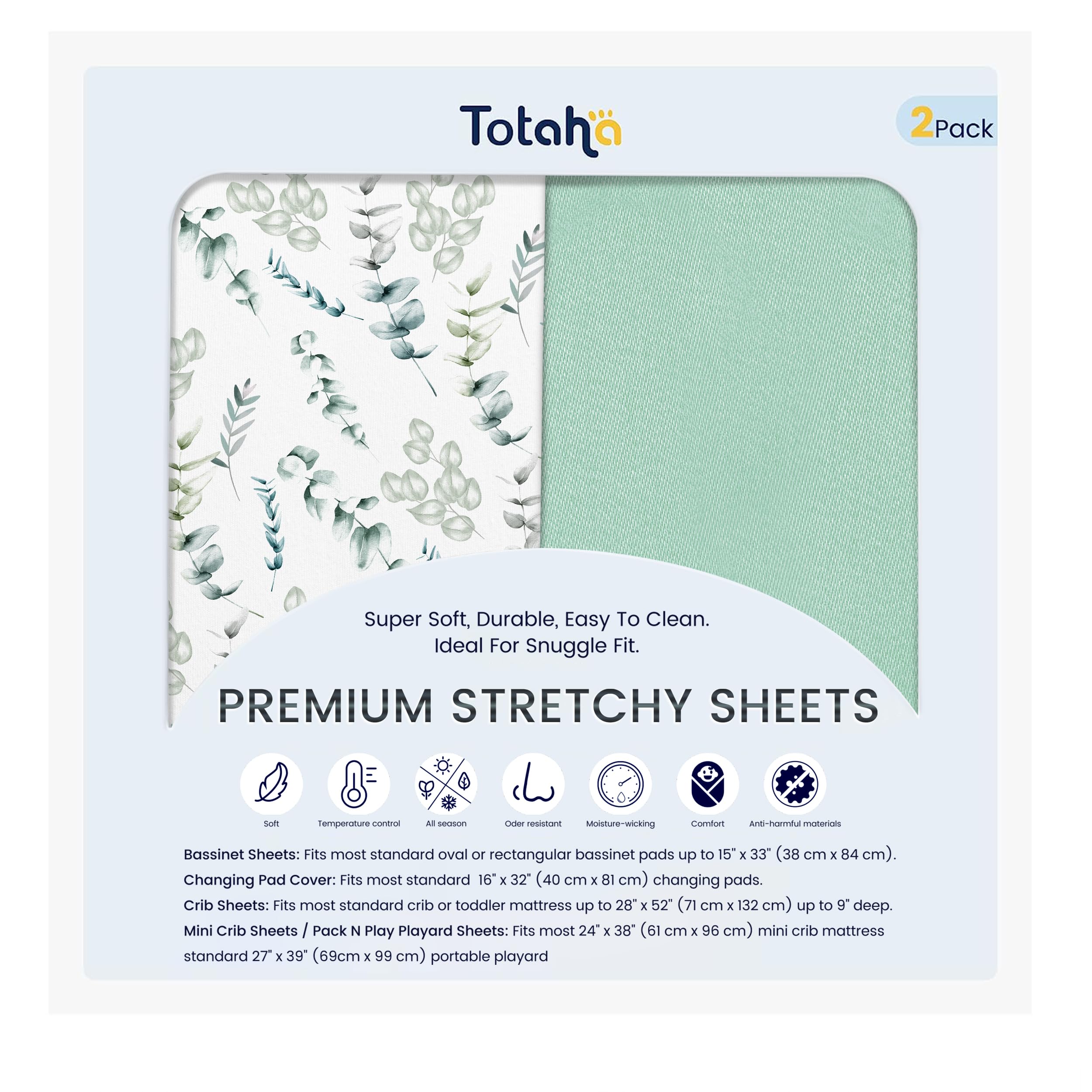 TotAha Botanical Pack and Play Sheets folded on a crib mattress for easy setup.