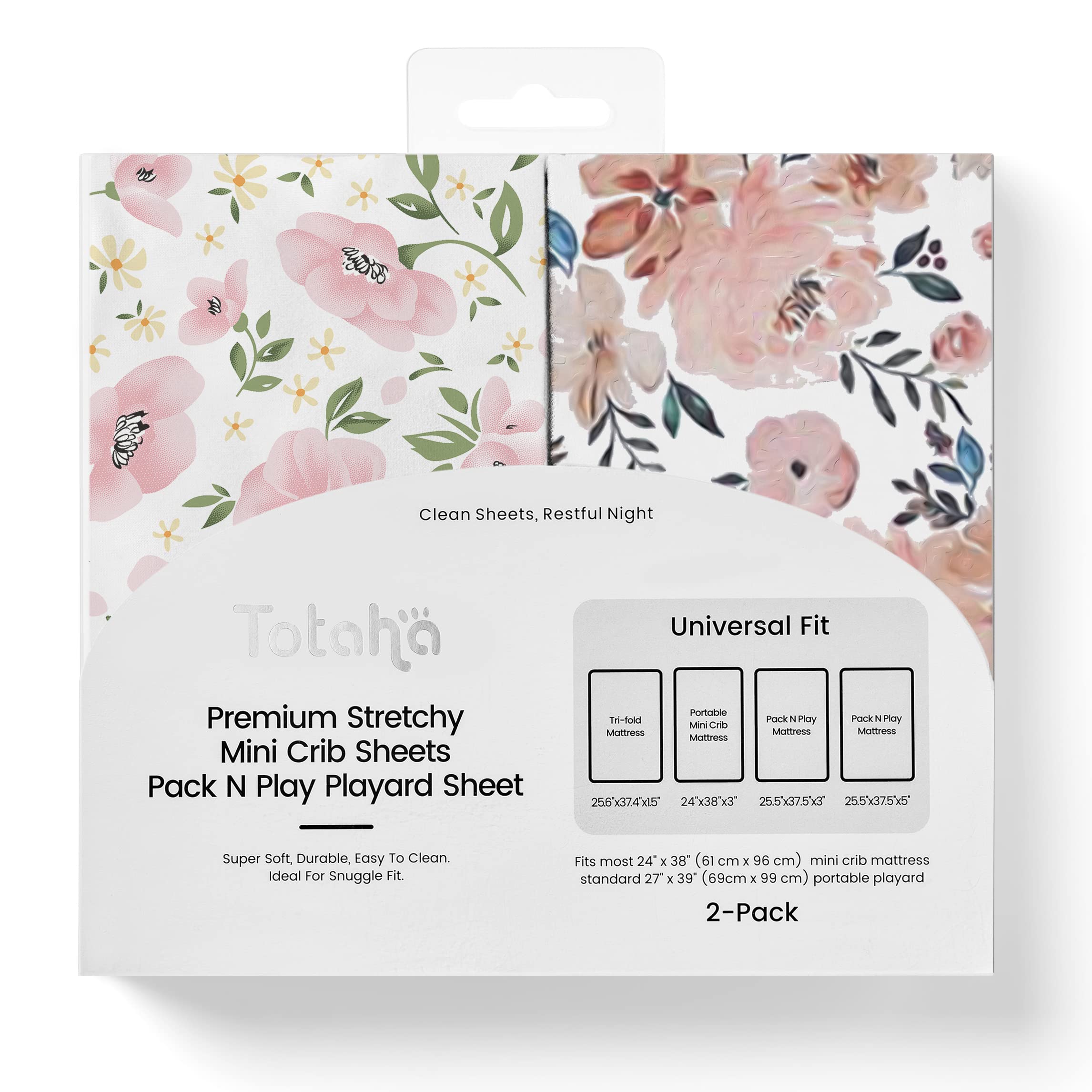TotAha buttery-soft mini crib sheets in Meredith allover pale pink offer a cozy, skin-friendly sleep surface.