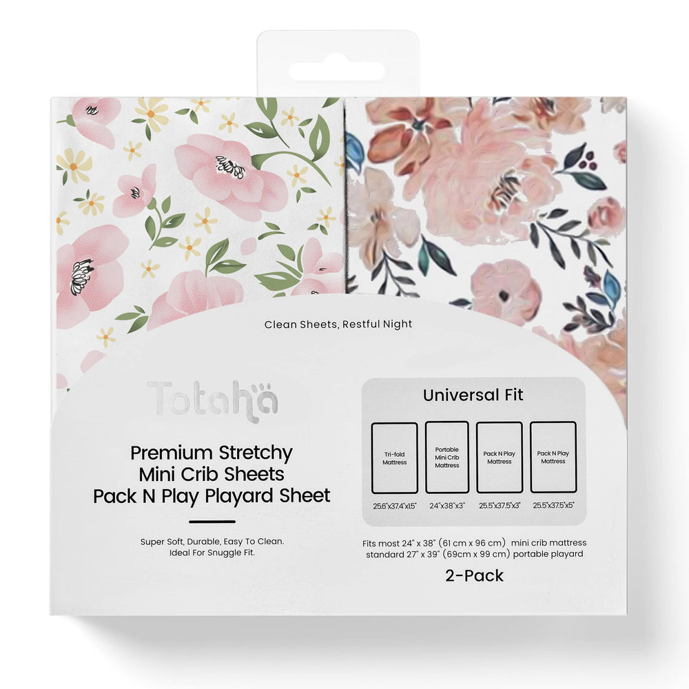 TotAha buttery-soft mini crib sheets in Meredith allover pale pink offer a cozy, skin-friendly sleep surface.