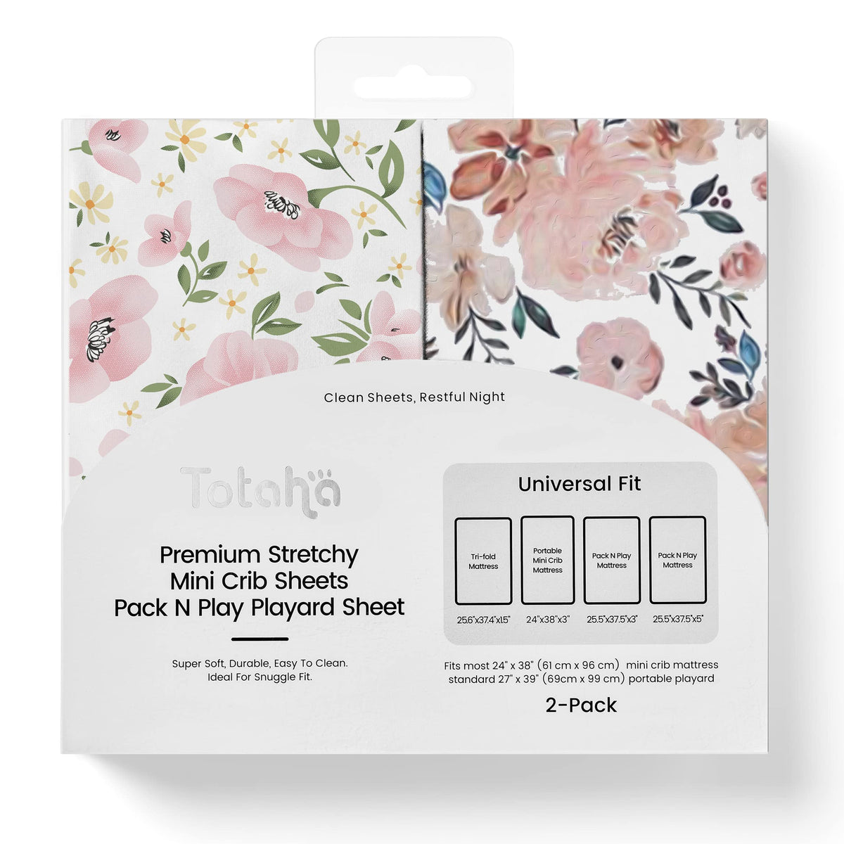 TotAha buttery-soft mini crib sheets in Meredith allover pale pink offer a cozy, skin-friendly sleep surface.