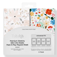 TotAha buttery soft mini crib sheets in pink floral keep baby comfy and cozy.