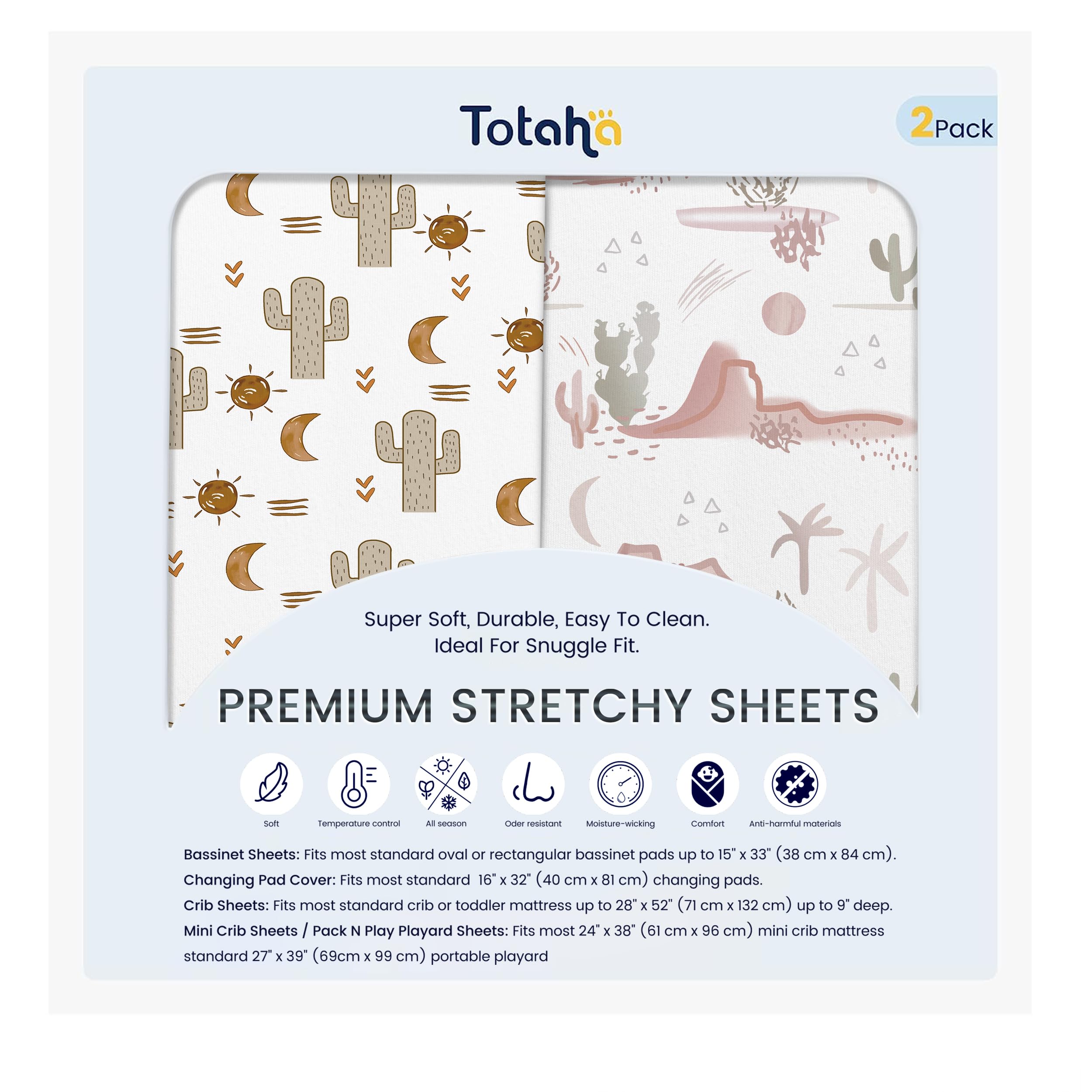 TotAha Cactus Pack N Play sheets folded, soft and breathable sleep-ready fabric.