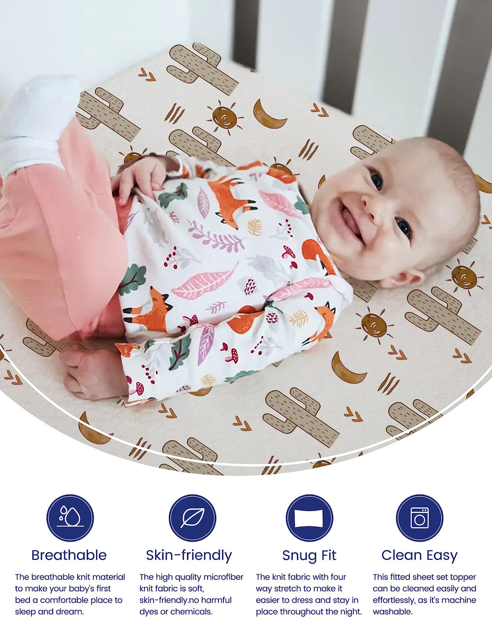 TotAha Cactus Pack N Play sheets on mattress with snug stretch fit.