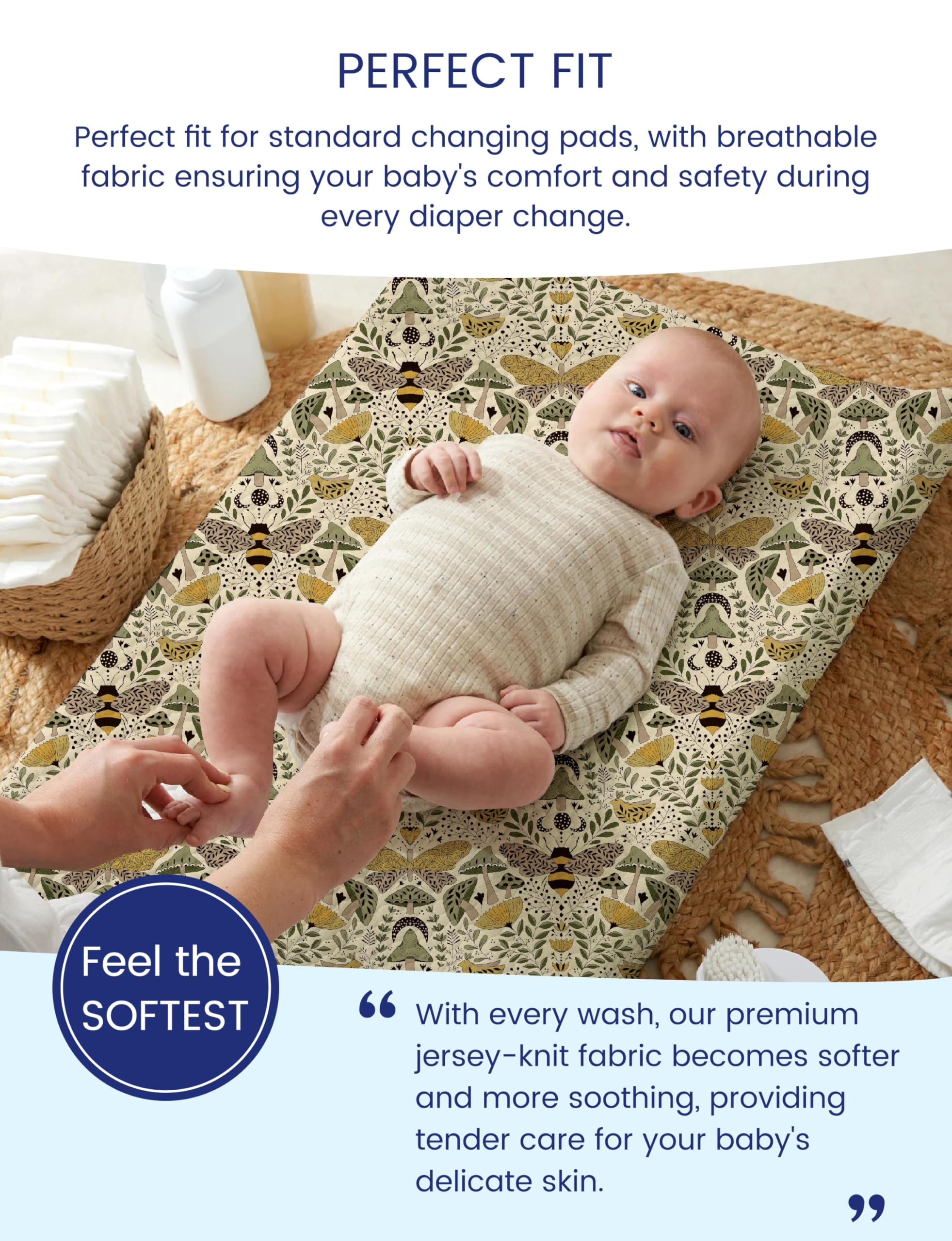 TotAha changing pad cover on table demonstrates secure stretch fit for easy changes