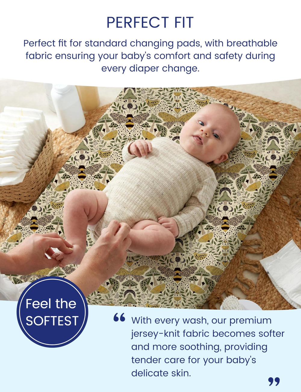 TotAha changing pad cover on table demonstrates secure stretch fit for easy changes