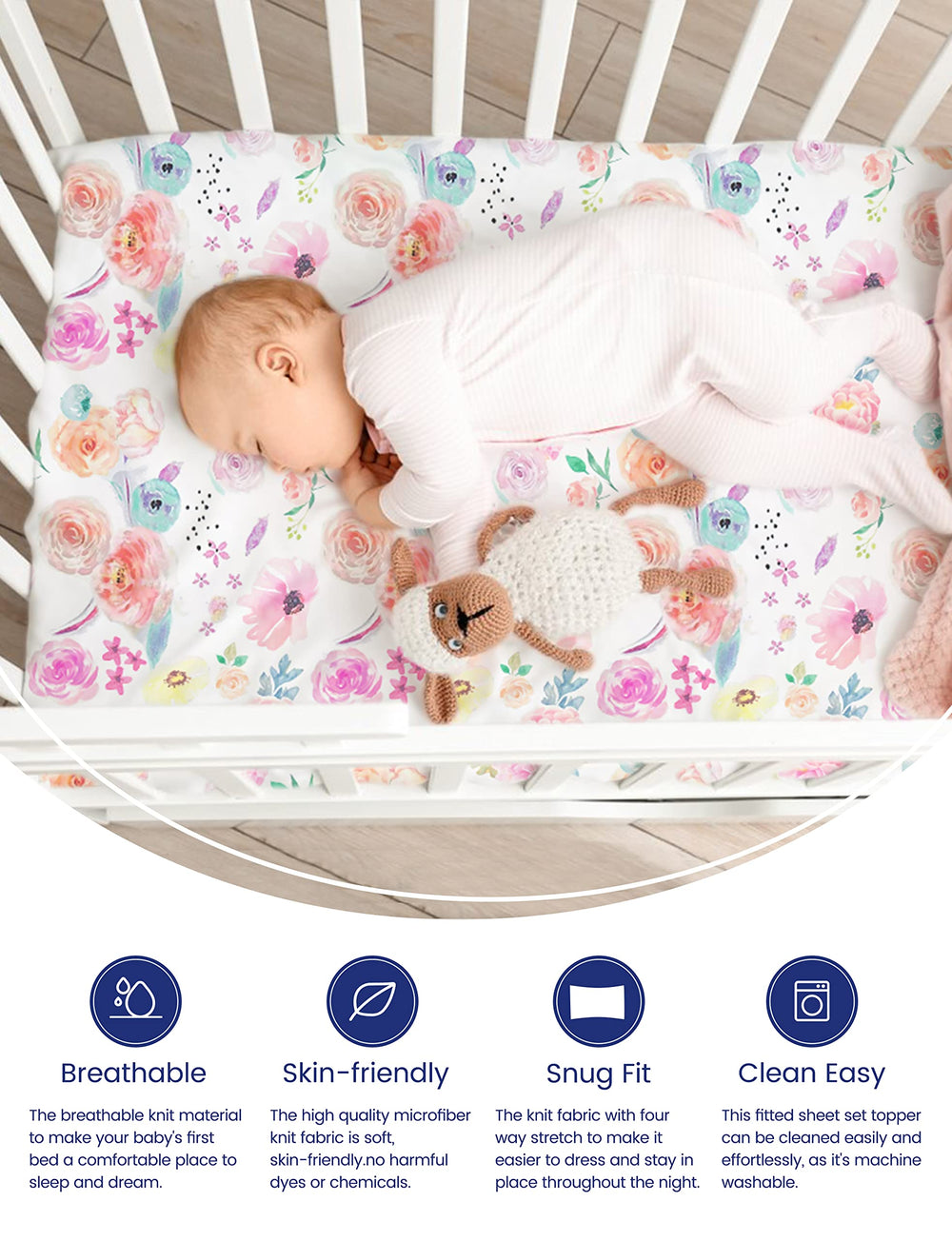 TotAha crib sheets Blue Flowers showing silky softness for calming nights