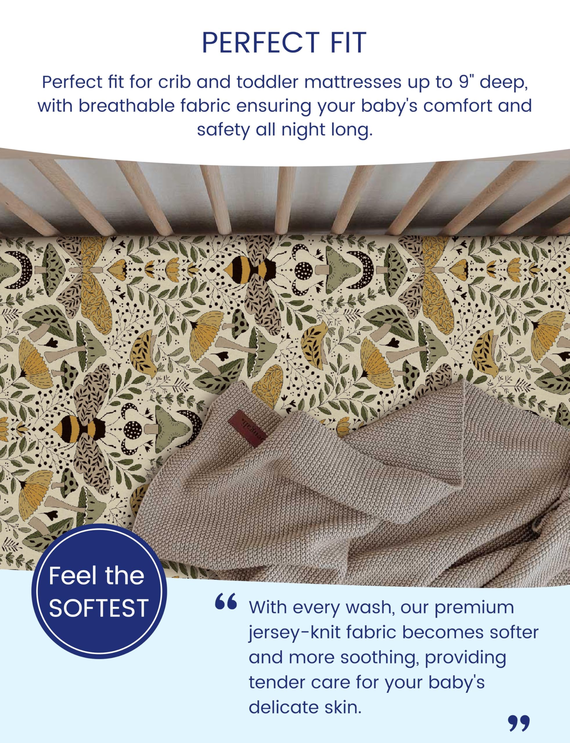 TotAha premium stretchy crib sheets buttery soft feel for baby comfort.