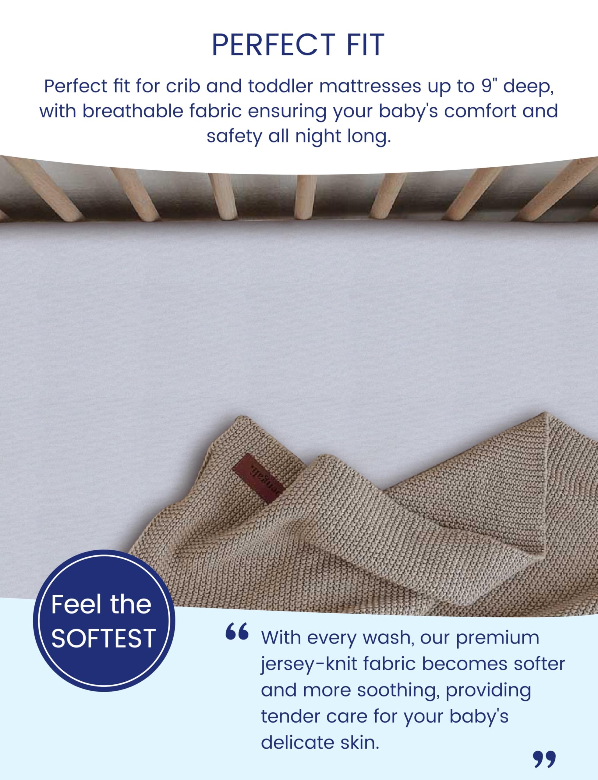 TotAha crib sheets placed on a baby mattress demonstrating secure fit and smooth surface.