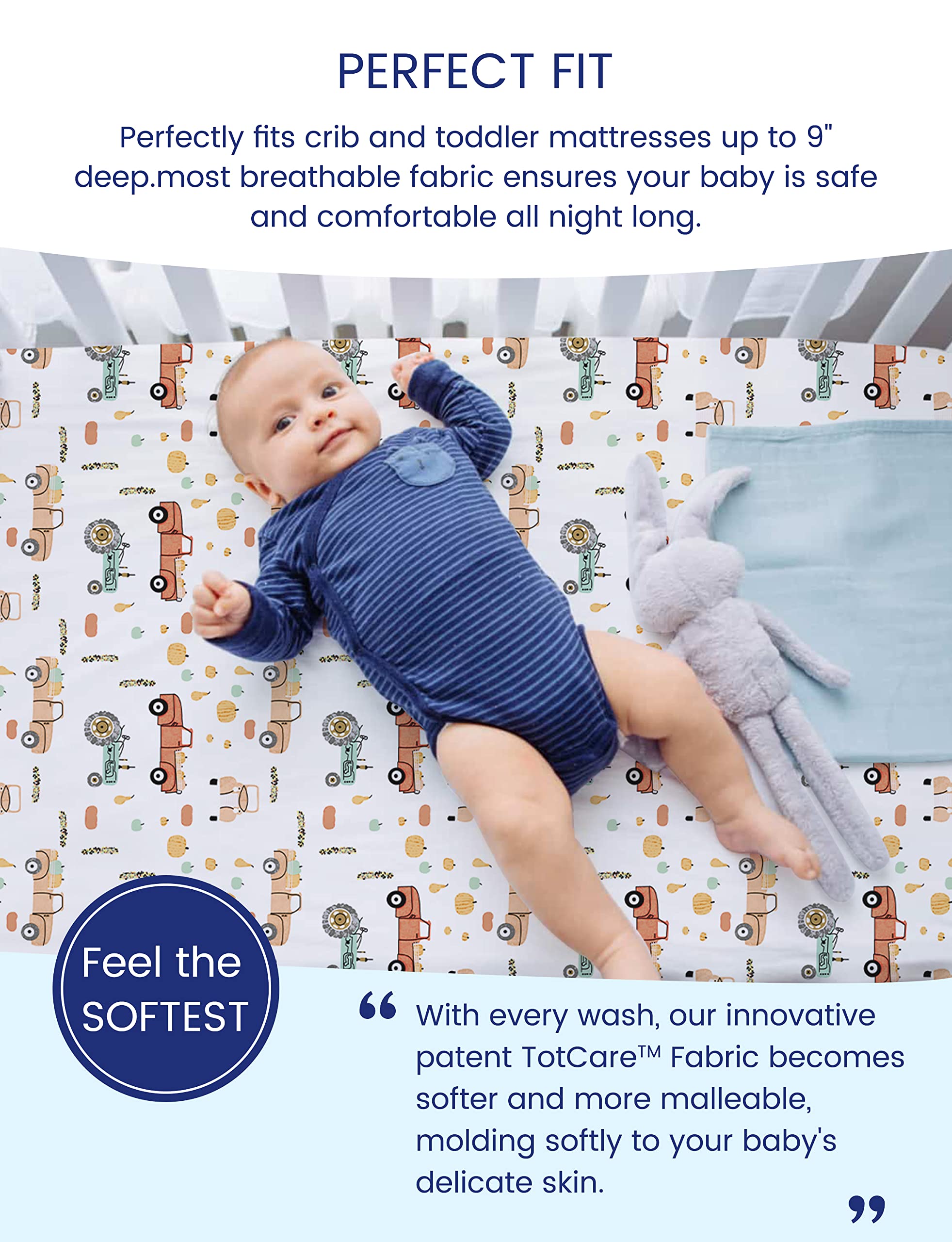 TotAha crib sheets stretched to snug fit with durable elastic edges