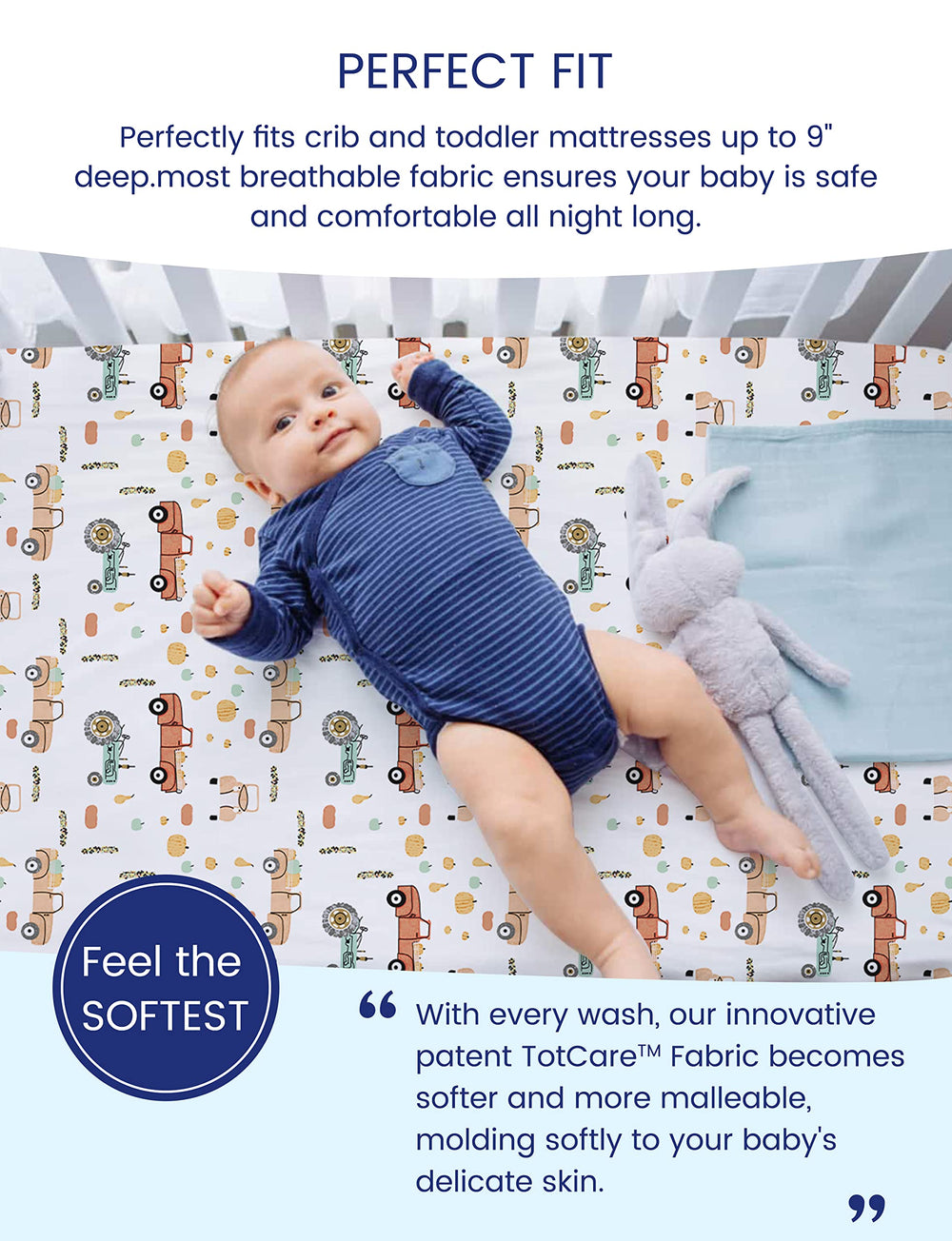 TotAha crib sheets stretched to snug fit with durable elastic edges