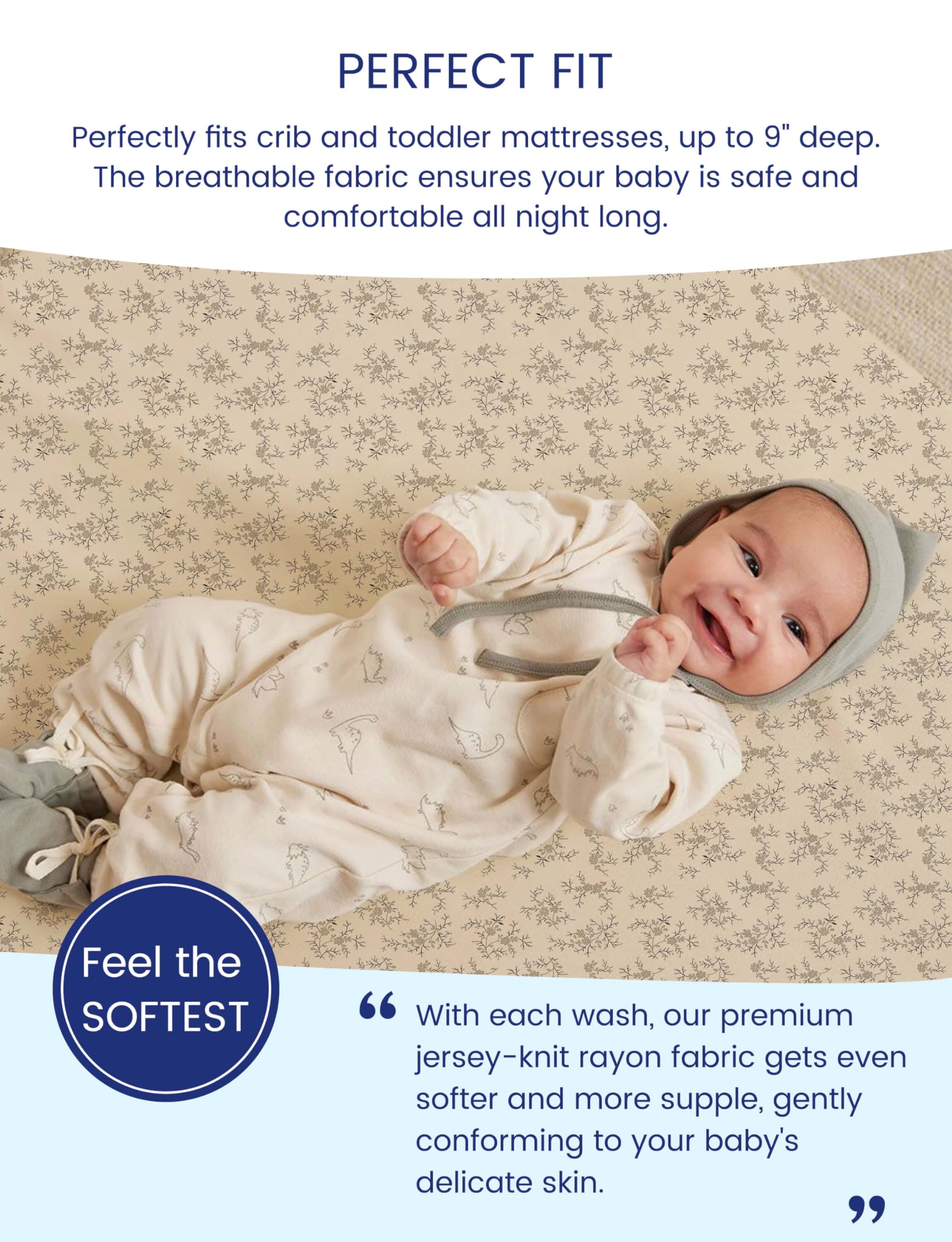 TotAha crib sheets Vintage Rose fabric close-up highlights soft, durable TotCare weave.