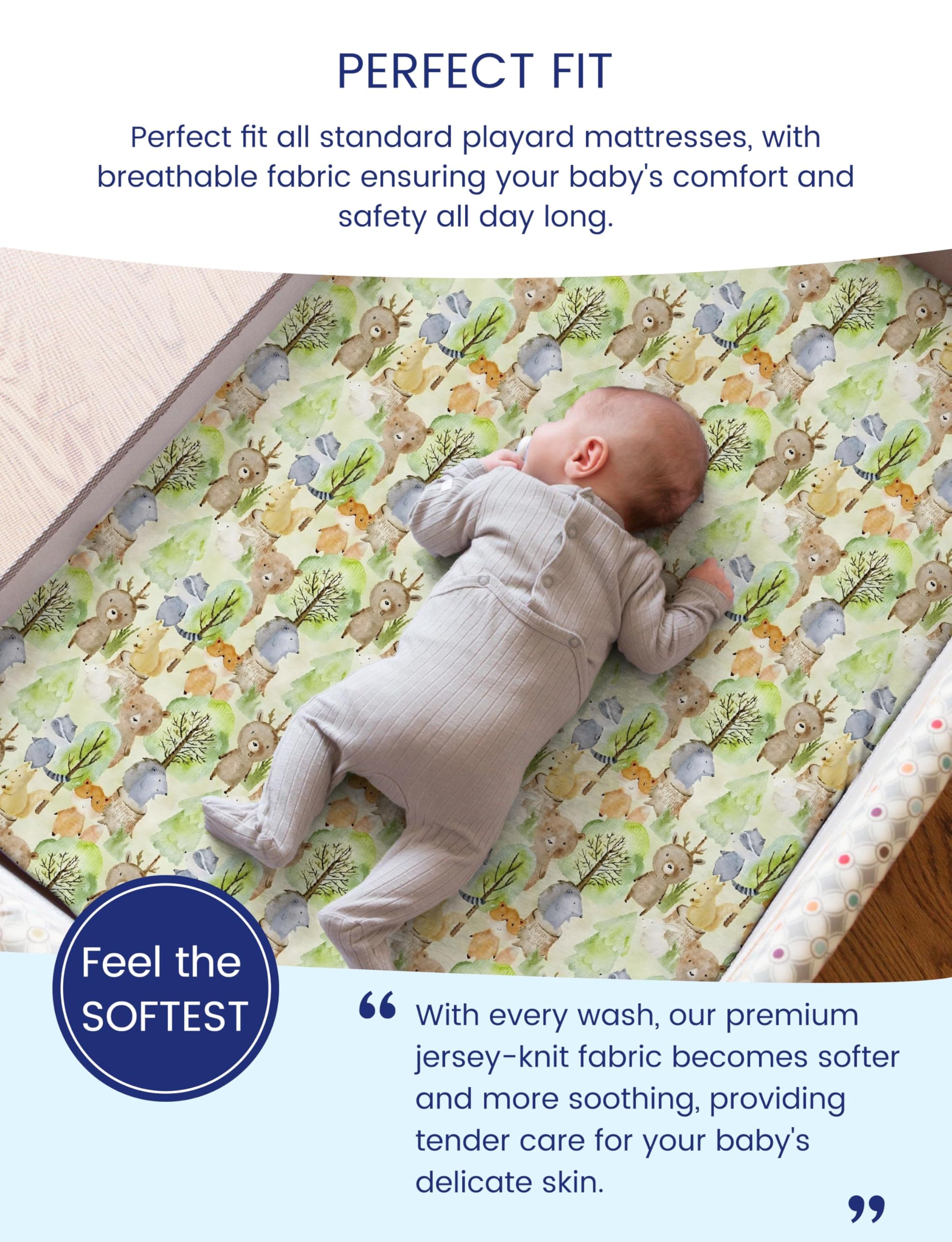TotAha cute deer pack-n-play sheets highlighted on a portable mattress