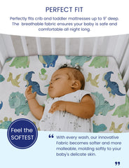 TotAha Dinosaur crib sheets fabric closeup shows soft, silky TotCare weave ideal for sensitive skin
