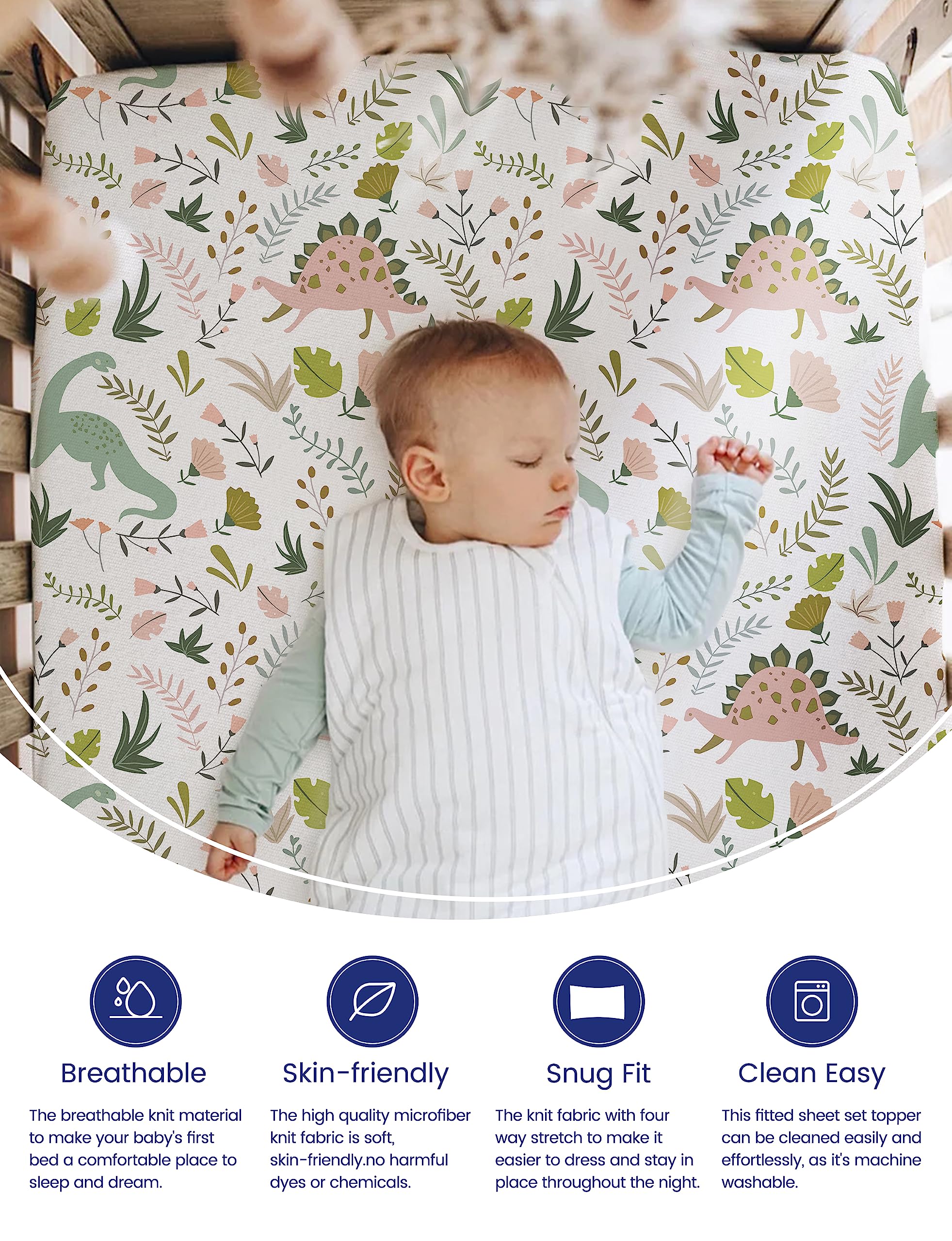TotAha Dinosaur crib sheets fitted edges demonstrate secure, snug fit for extra-deep pocket mattresses