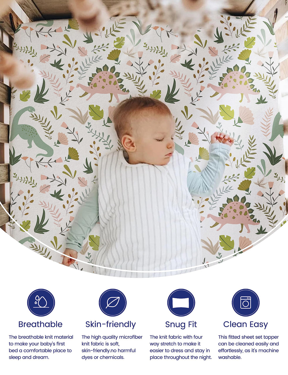 TotAha Dinosaur crib sheets fitted edges demonstrate secure, snug fit for extra-deep pocket mattresses