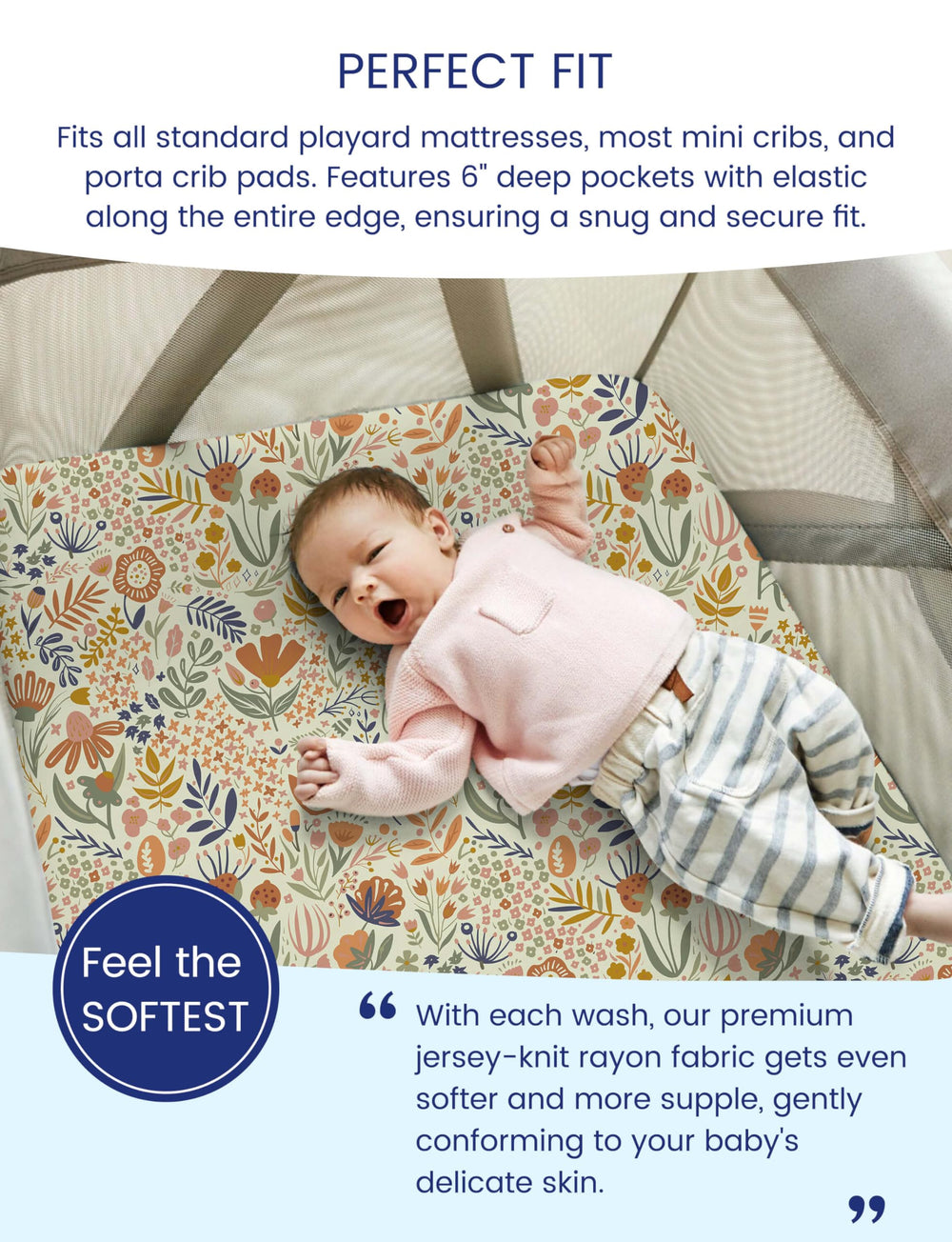 TotAha fitted crib sheet close-up highlighting silky, stretchy knit.