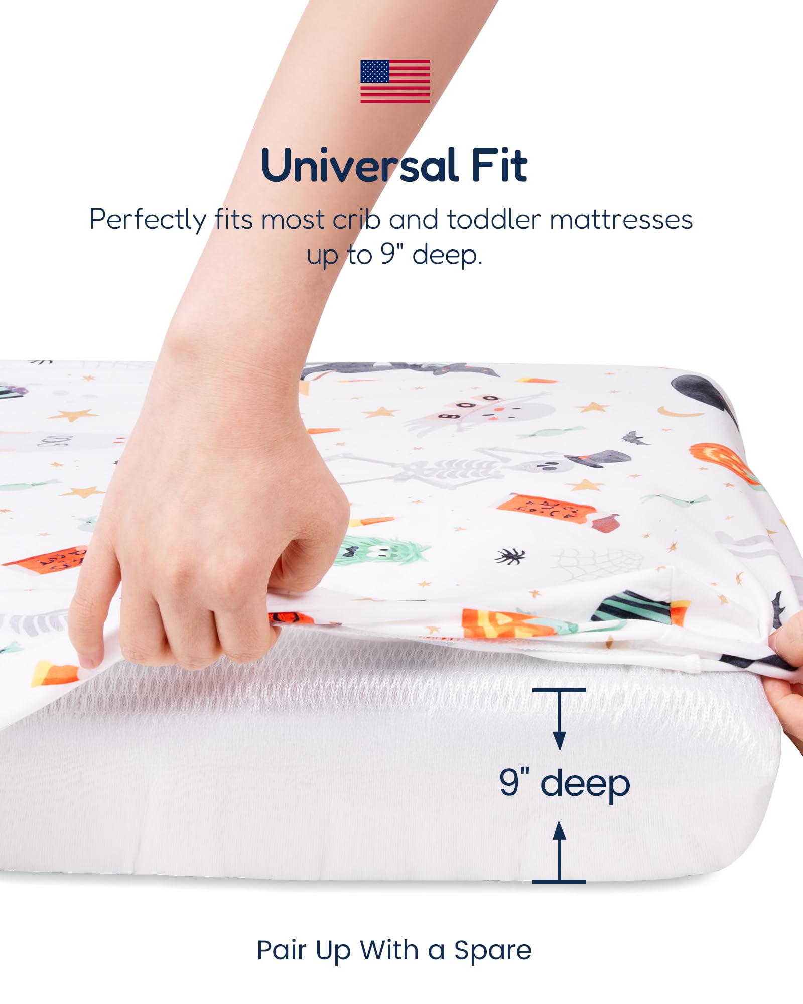 TotAha 9" deep pockets demonstrating secure, snug fit on crib mattress