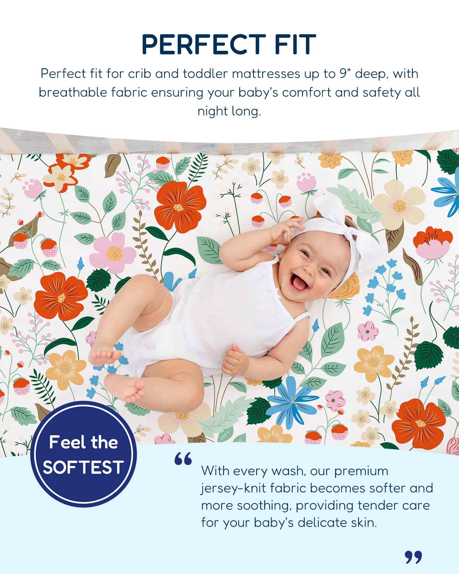 TotAha floral crib sheets close-up showing silky jersey-knit texture and softness