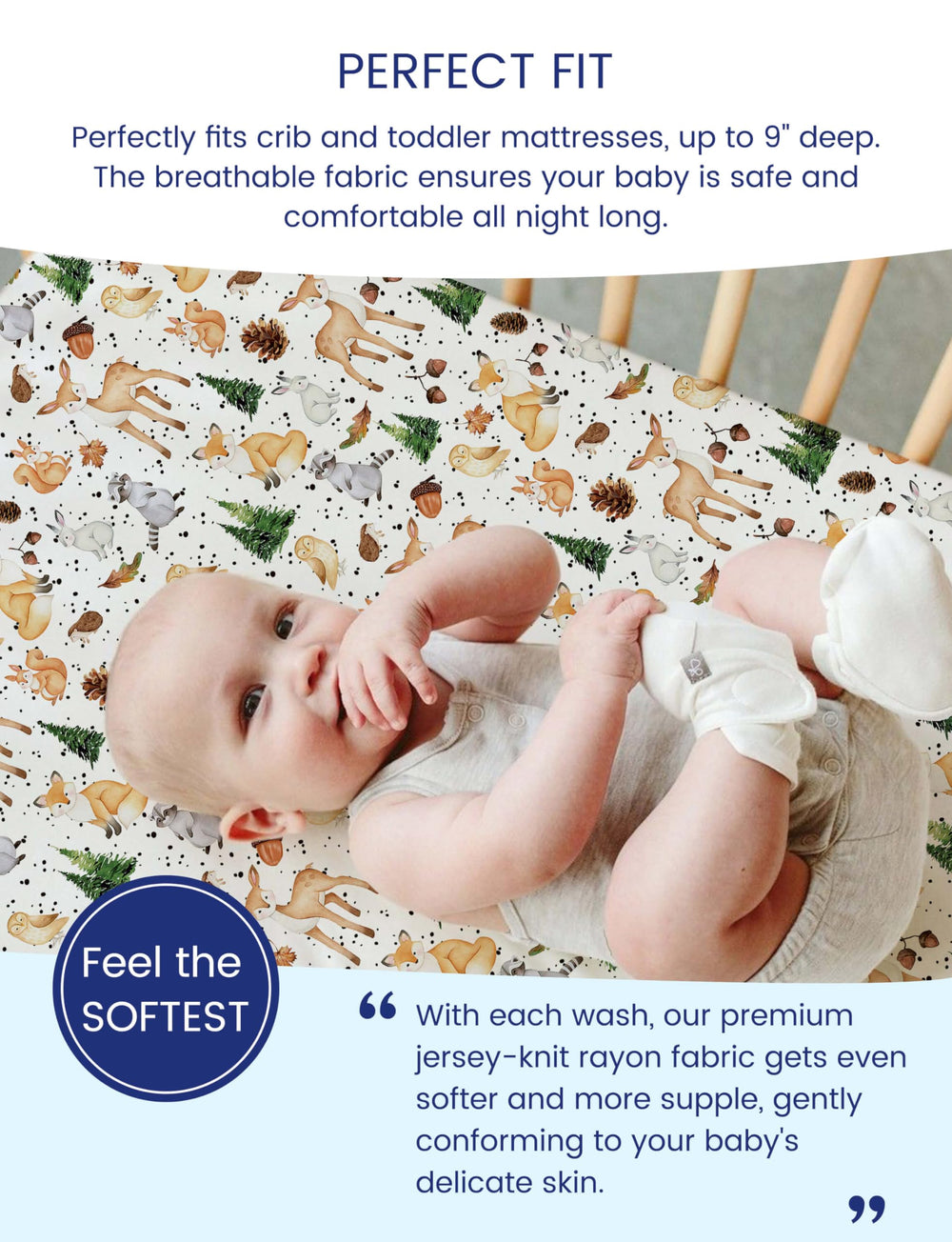 TotAha Forest Animals crib sheets fitted on a crib mattress demonstrating secure fit.