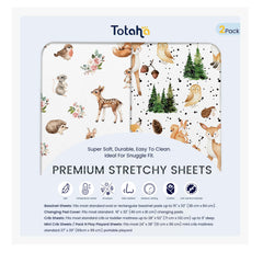 TotAha Forest Animals crib sheets folded showing the snug extra-deep pocket fit.