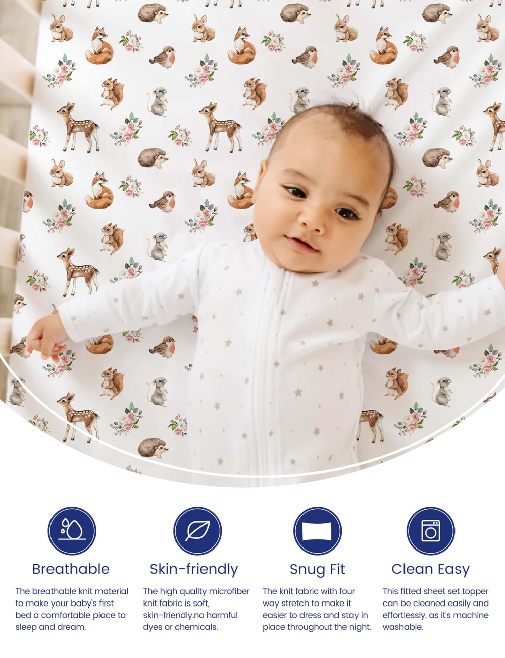 TotAha Forest Animals crib sheets close-up texture highlights soft TotCare fabric.