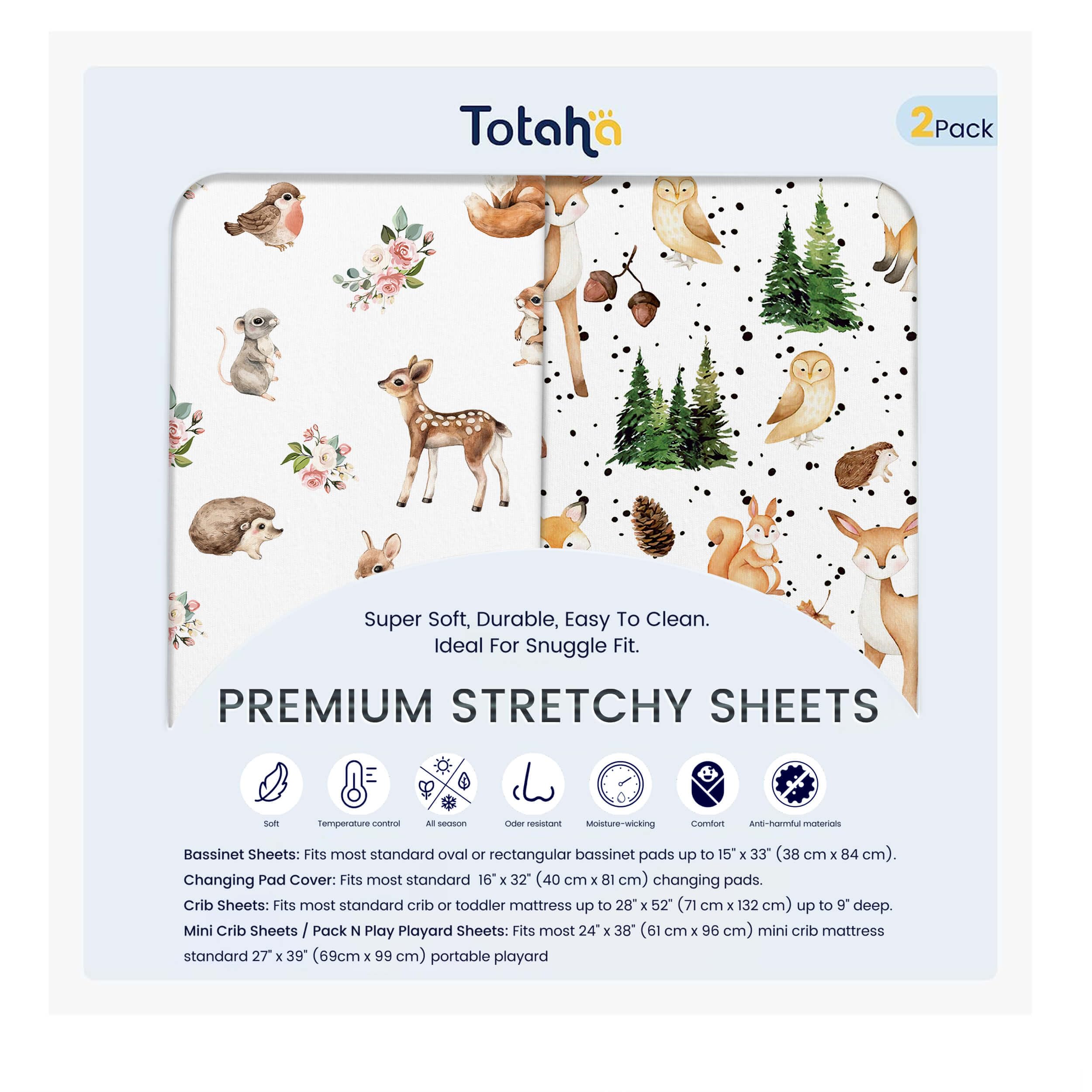 TotAha forest animals pattern sheets offer a cozy, kid-friendly sleep space.