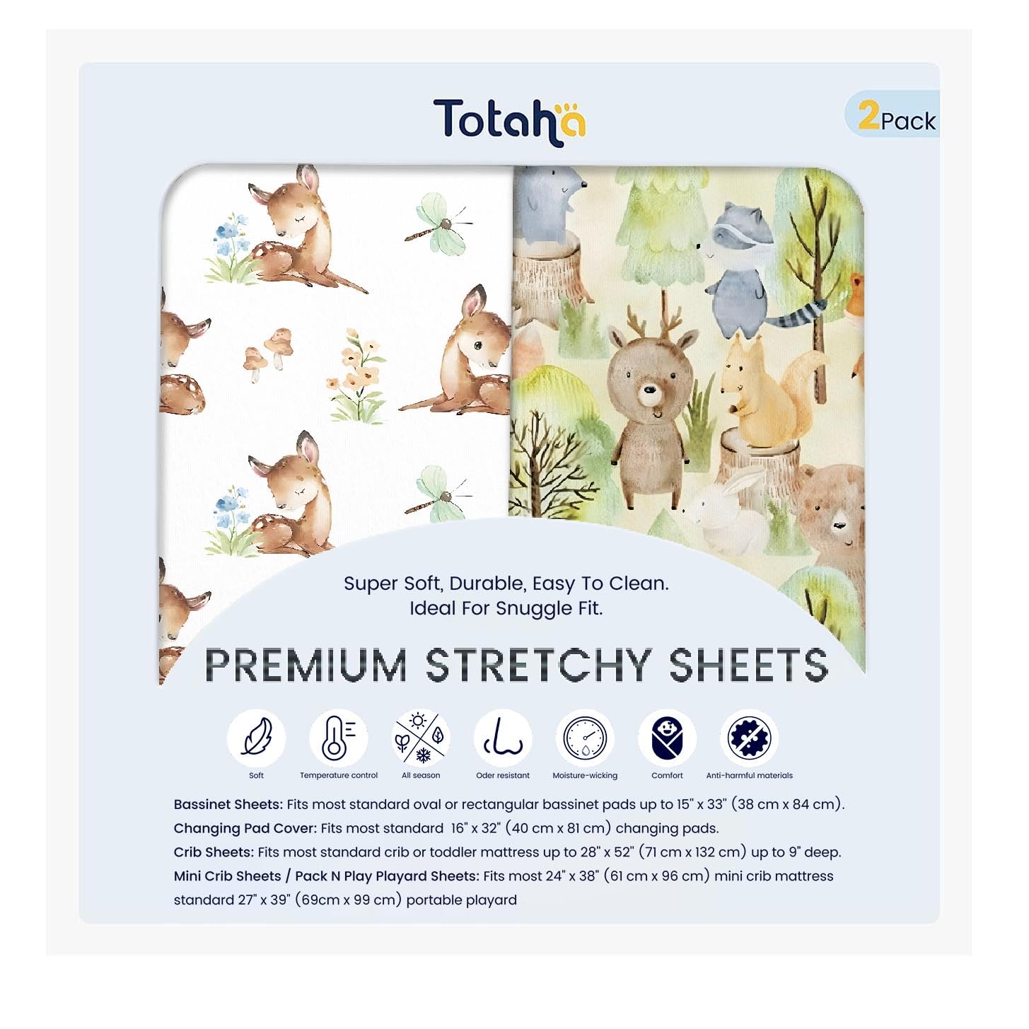 TotAha forest bear mini crib sheets shown in a cozy nursery for peaceful nights