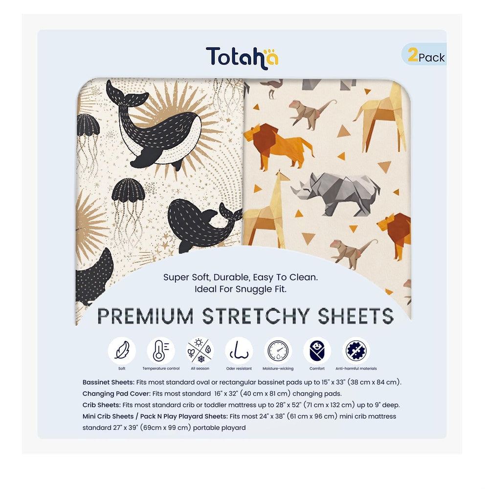 TotAha Graco Pack and Play sheets fitted on mini crib mattress for secure sleep.