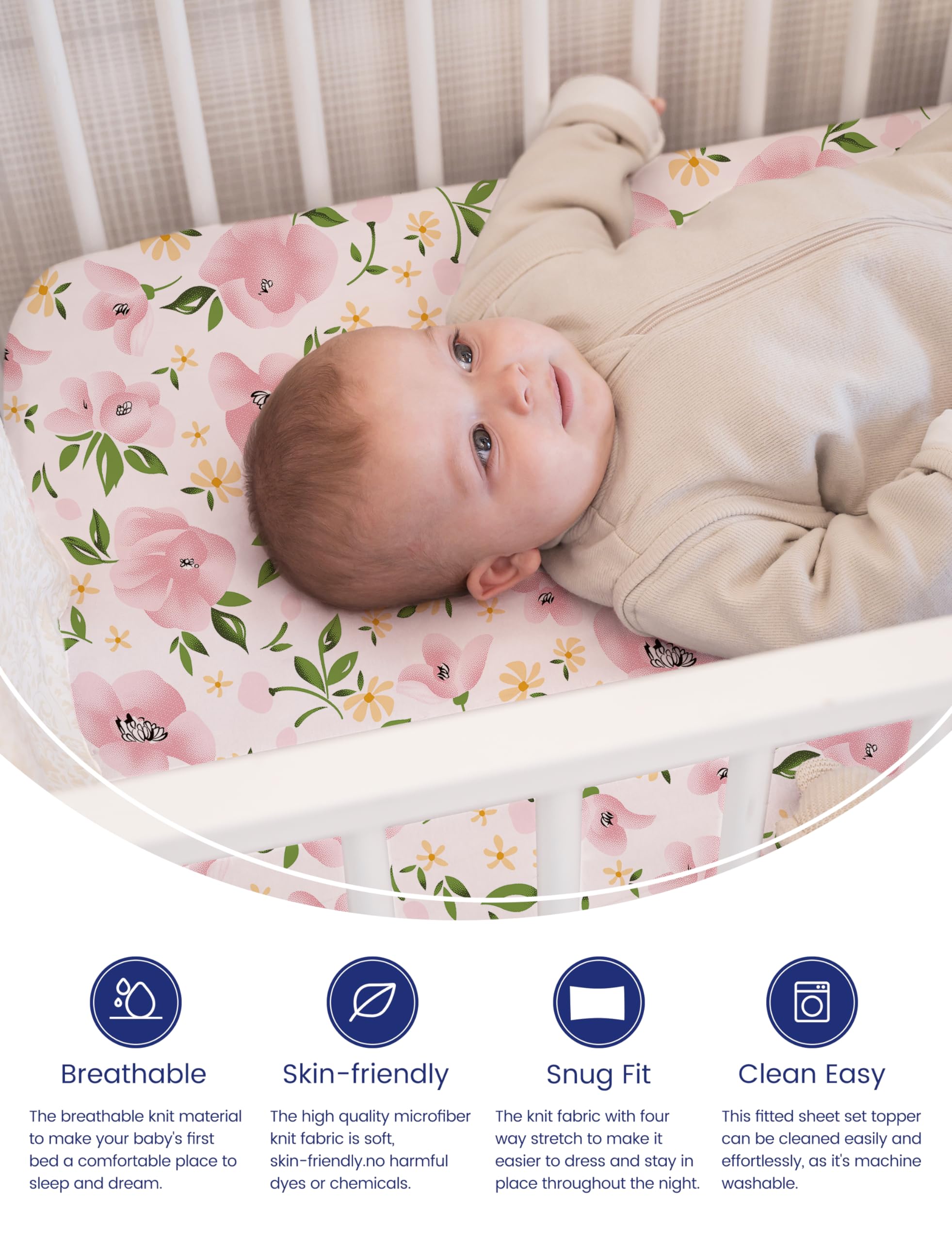 TotAha hypoallergenic jersey mini-crib sheets closeup shows smooth, breathable fabric for gentle nights.