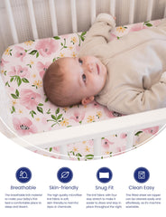 TotAha hypoallergenic jersey mini-crib sheets closeup shows smooth, breathable fabric for gentle nights.