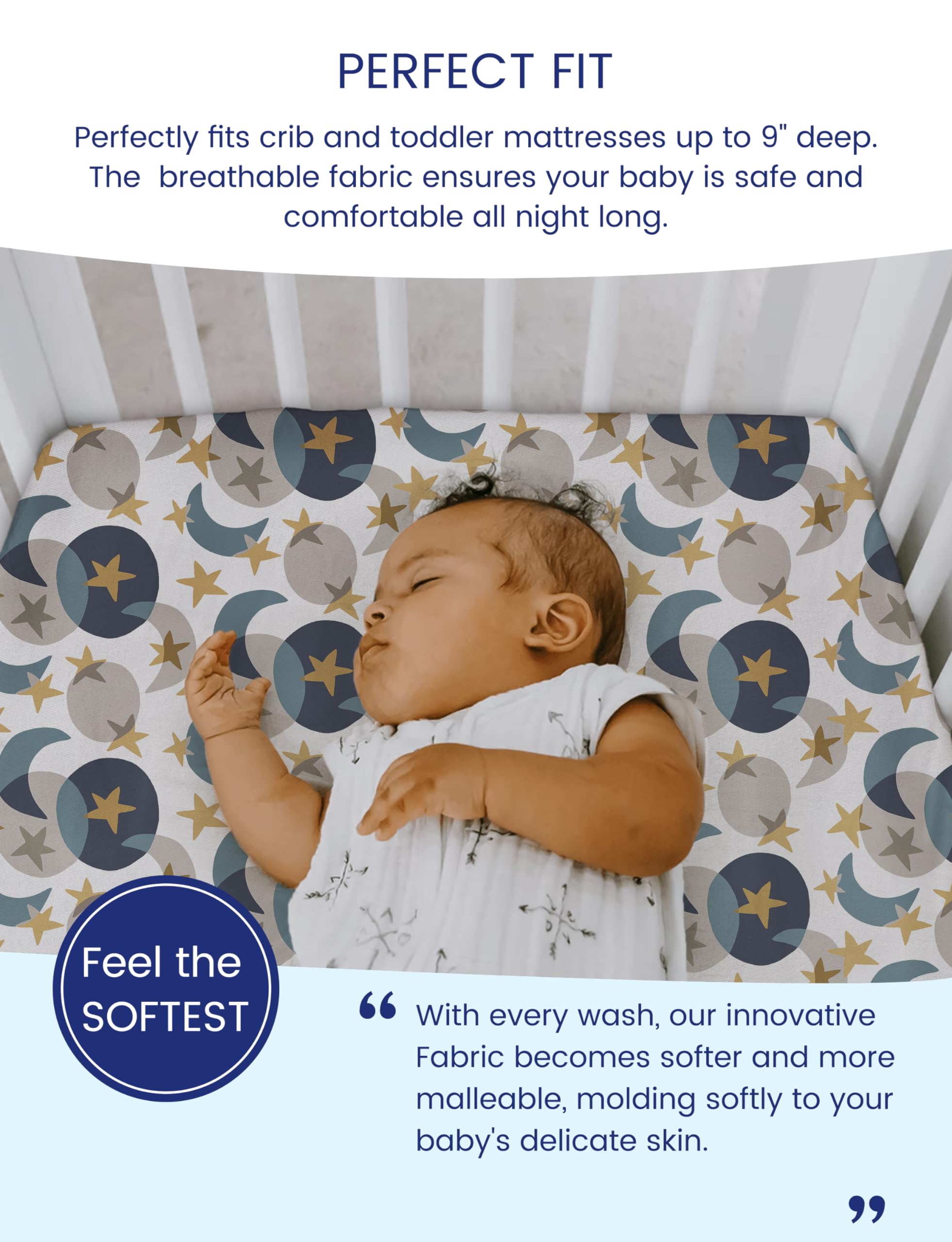 TotAha Jersey Star Crib Sheet closeup highlights soft, stretchy knit for easy changes.