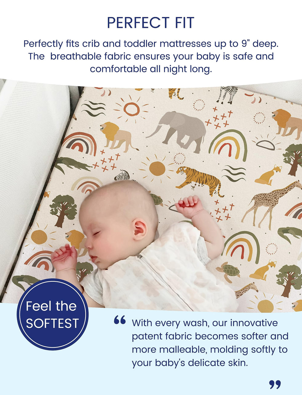 TotAha Jungle Animal Crib Sheets breathable knit keeps baby cool through the night