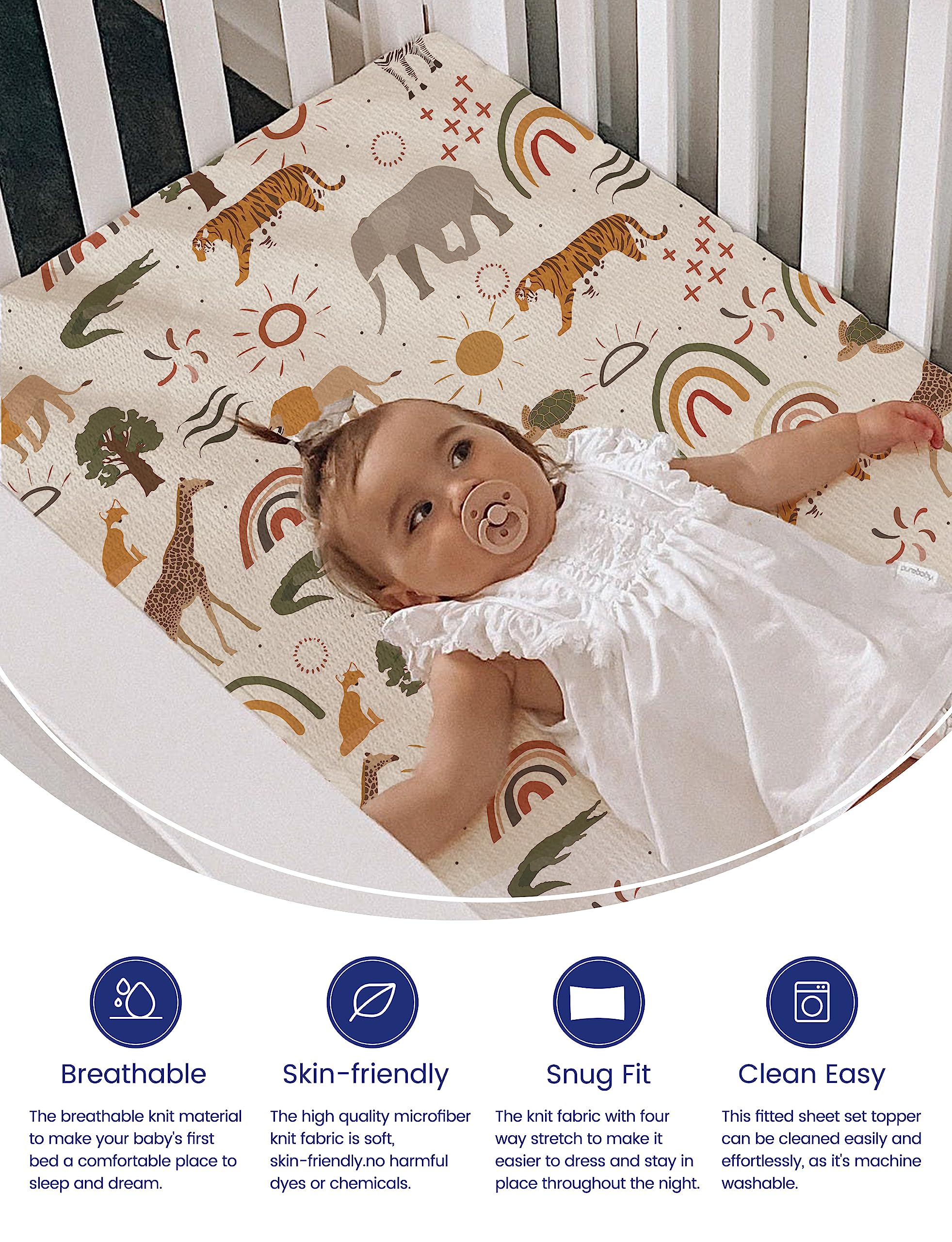 TotAha Jungle Animal Mini Crib Sheet mattress-fit view with snug 24x38x5 dimensions.