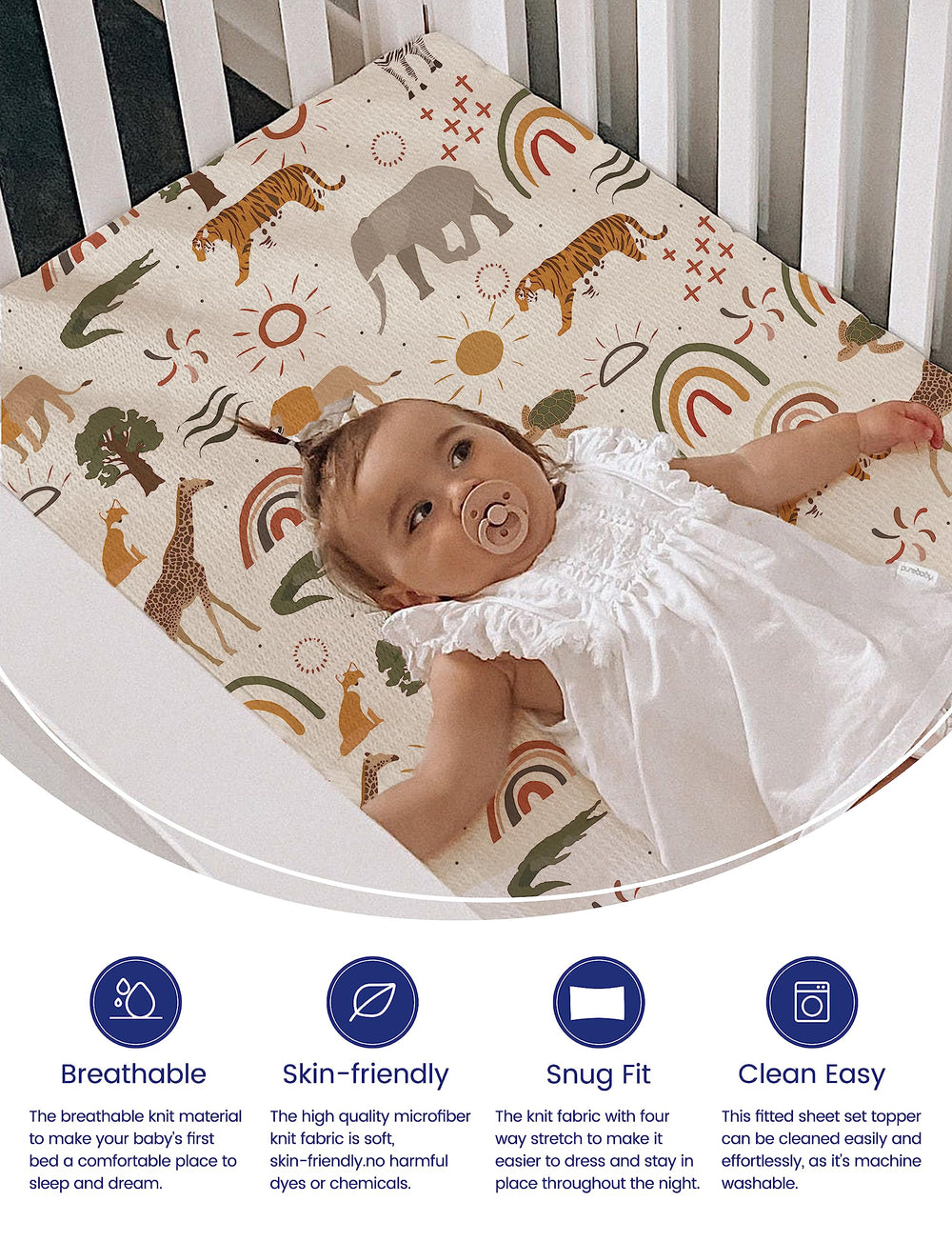 TotAha Jungle Animal Mini Crib Sheet mattress-fit view with snug 24x38x5 dimensions.