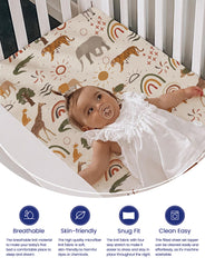 TotAha Jungle Animal Mini Crib Sheet mattress-fit view with snug 24x38x5 dimensions.