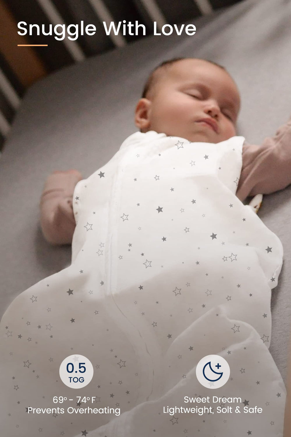 TotAha Light Sleep Sack zip guard detail highlights safe, easy diaper changes.