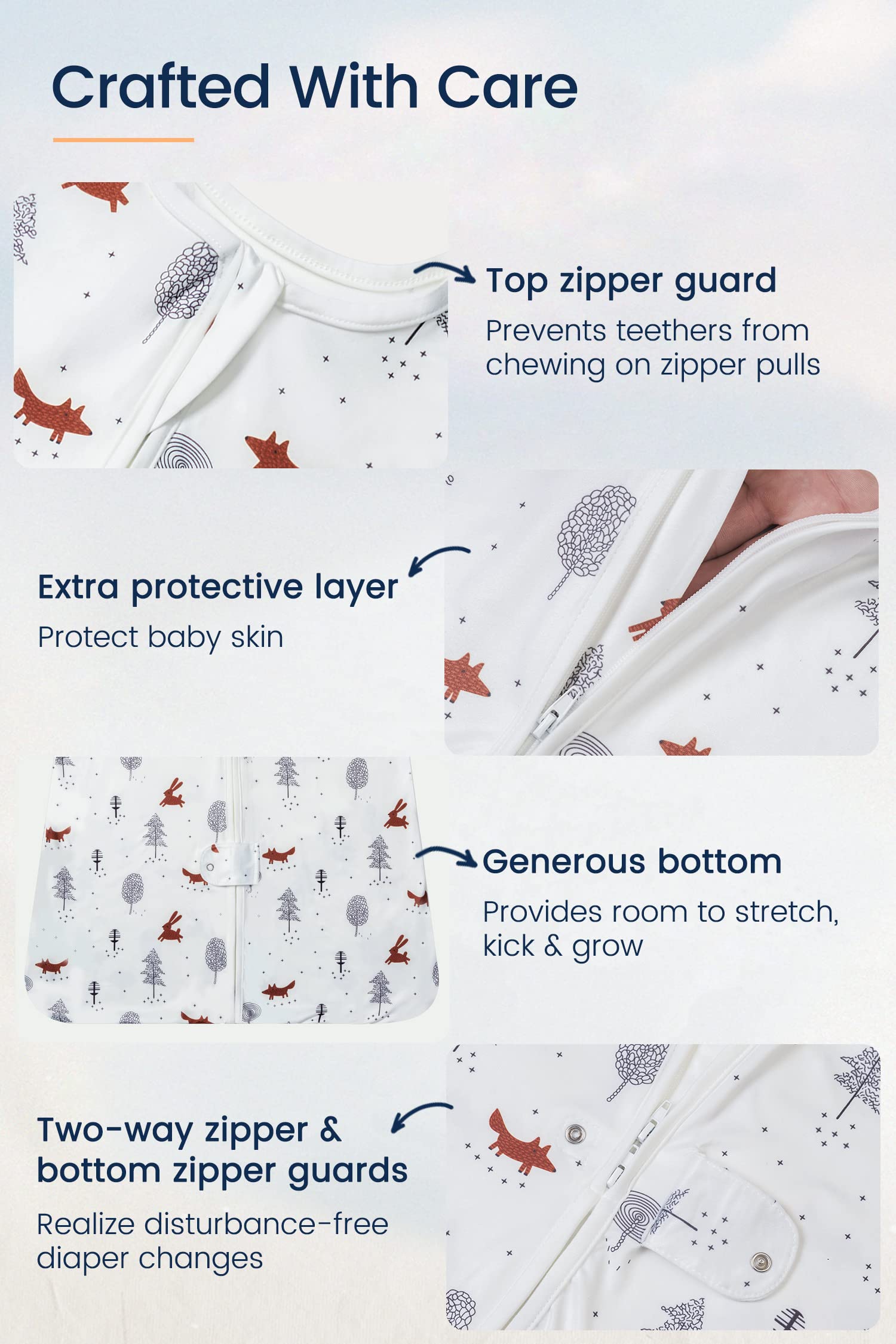 TotAha Light Sleep Sack zipper guard and snaps highlighted for safe night changes